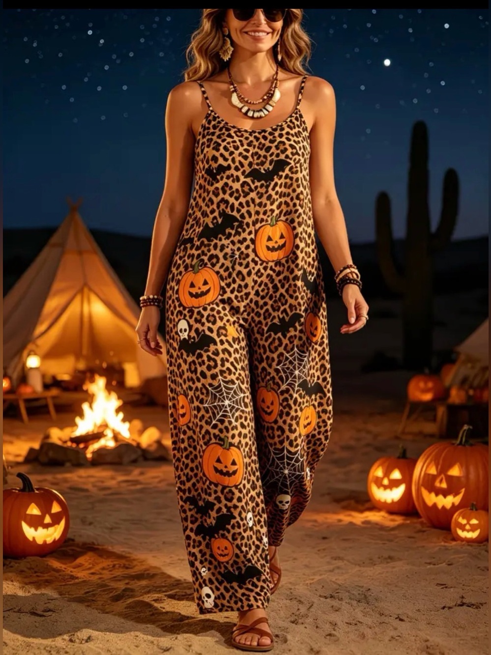 Halloween Leopard Print Spaghetti-Strap Jumpsuit - Orange